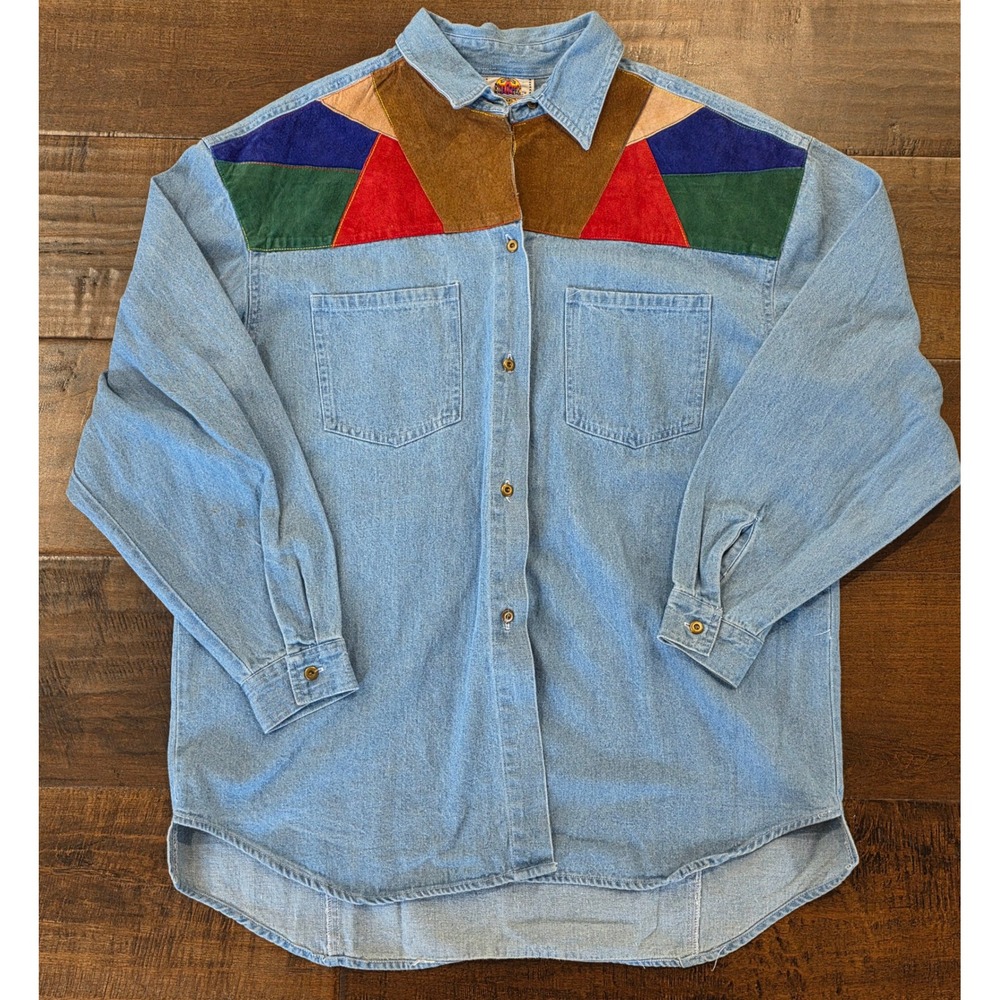 VTG Boho WESTERN Denim Shirt Colorblock Suede Patchwork Geometric FunkLarge